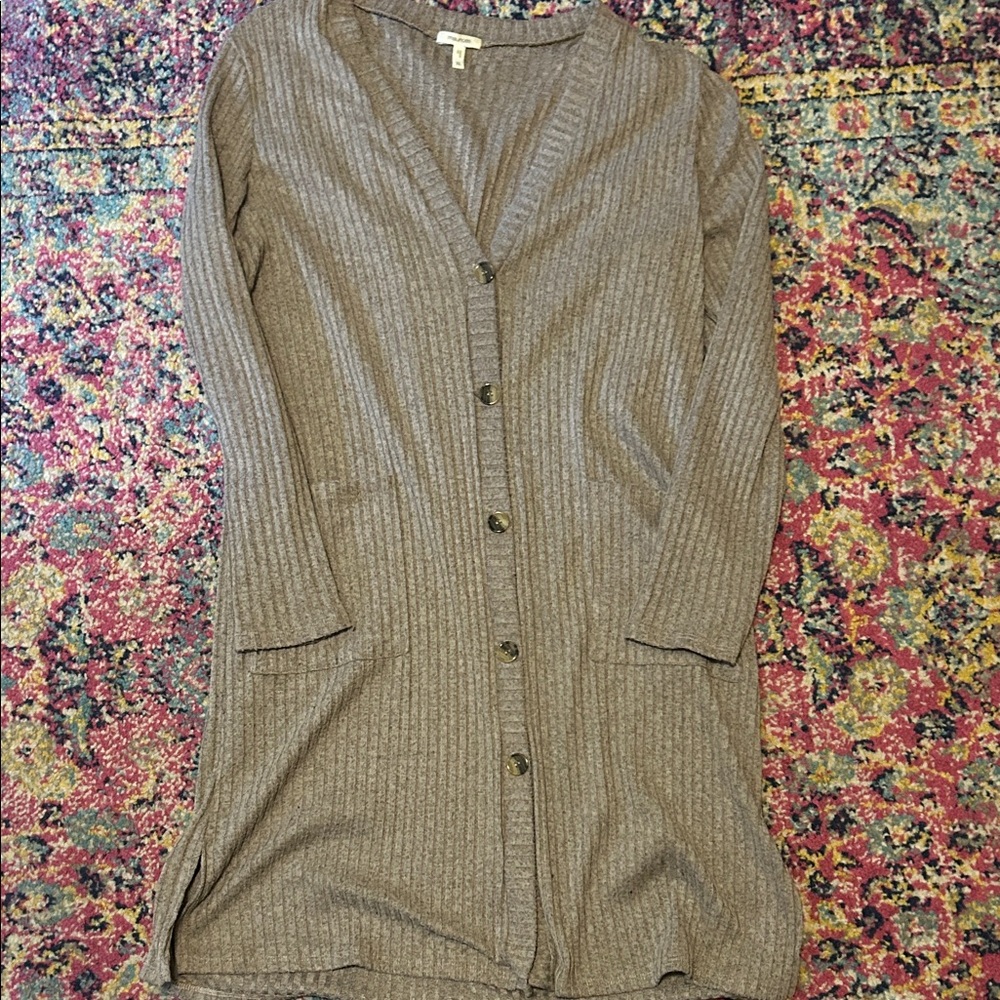 Beige Ribbed Button-Up Cardigan Duster